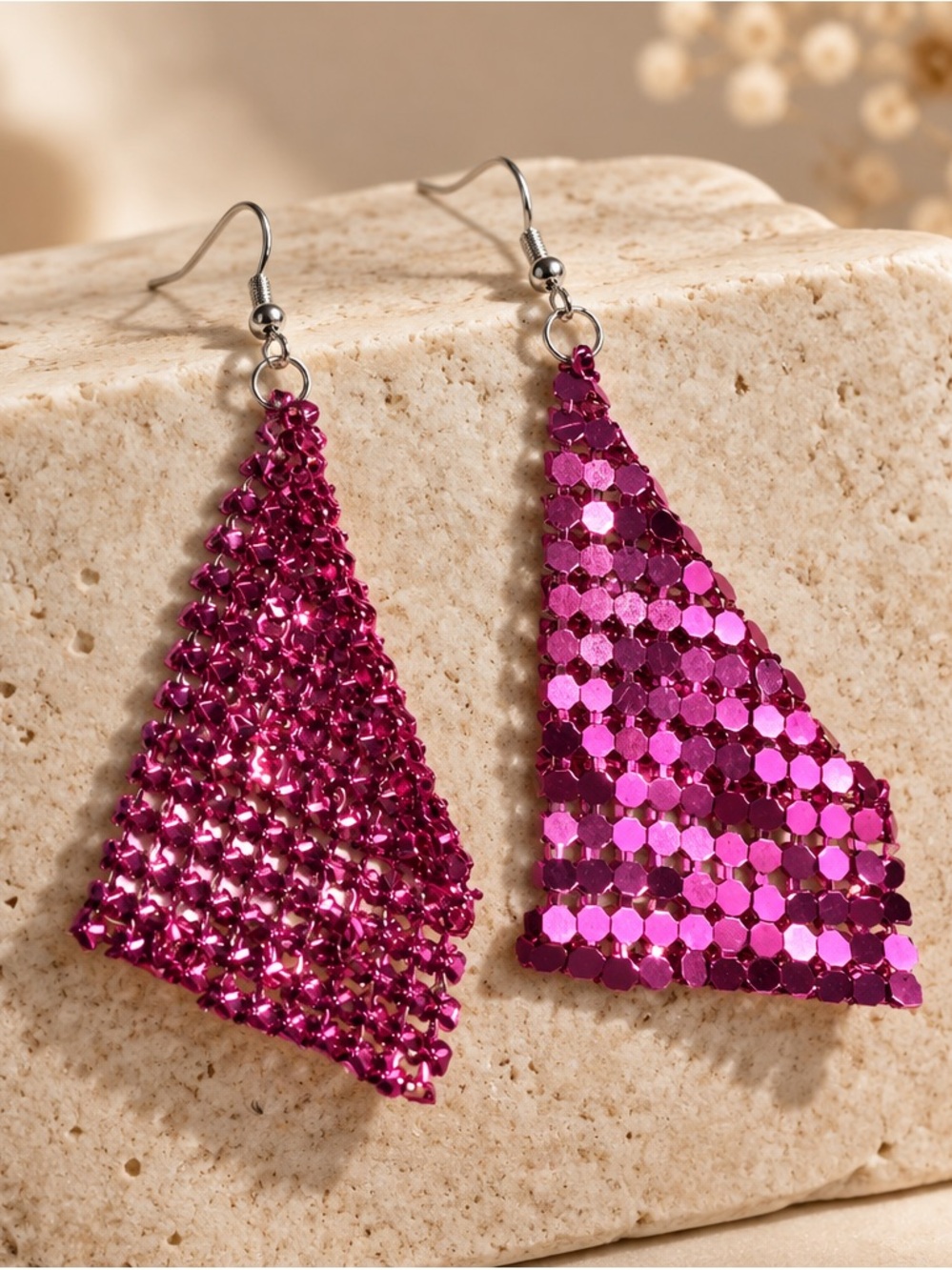 Pink Sequin Triangle Dangle Earrings - Women Jewelry